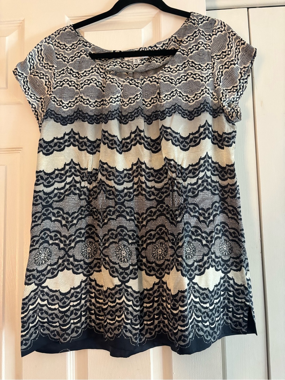 CAbi Lace -Pattern Short Sleeve Satin Blouse